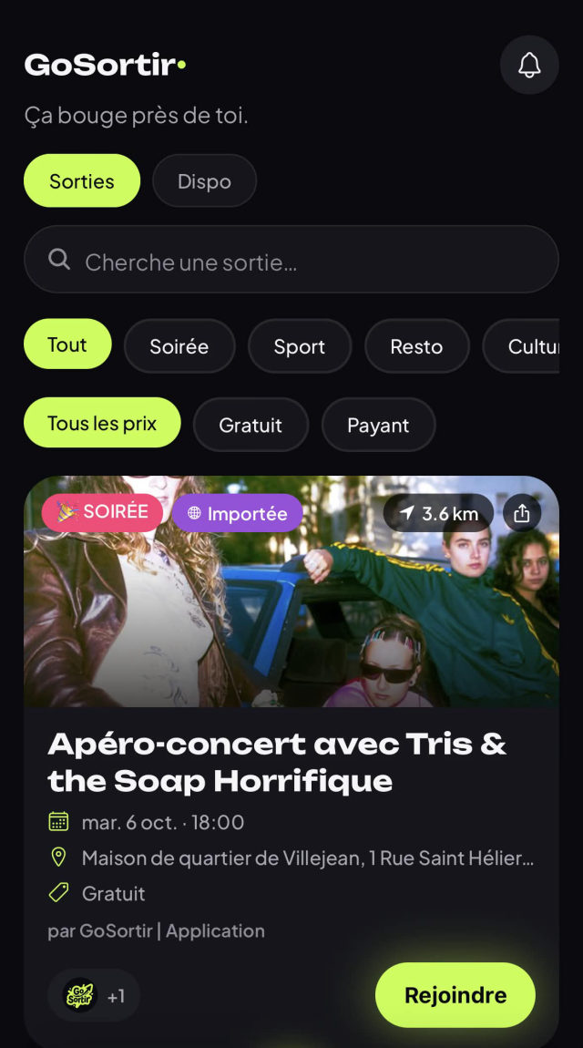 Liste des sorties dans l'app GoSortir