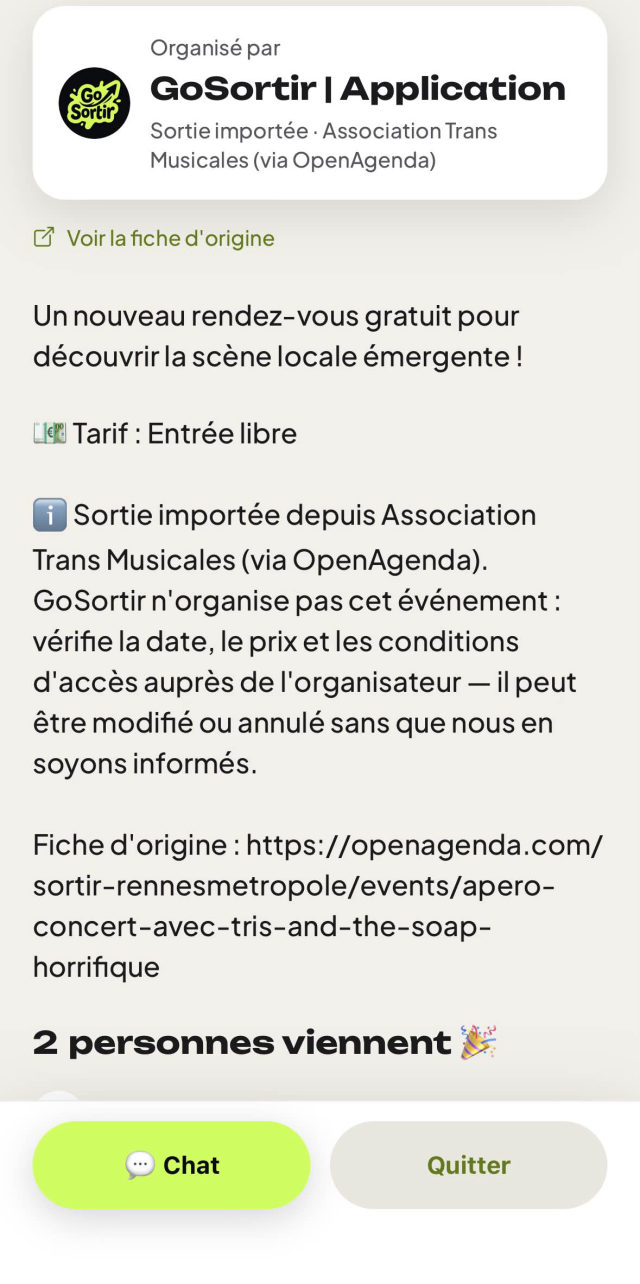 Inscription confirmée à une sortie dans l'app GoSortir