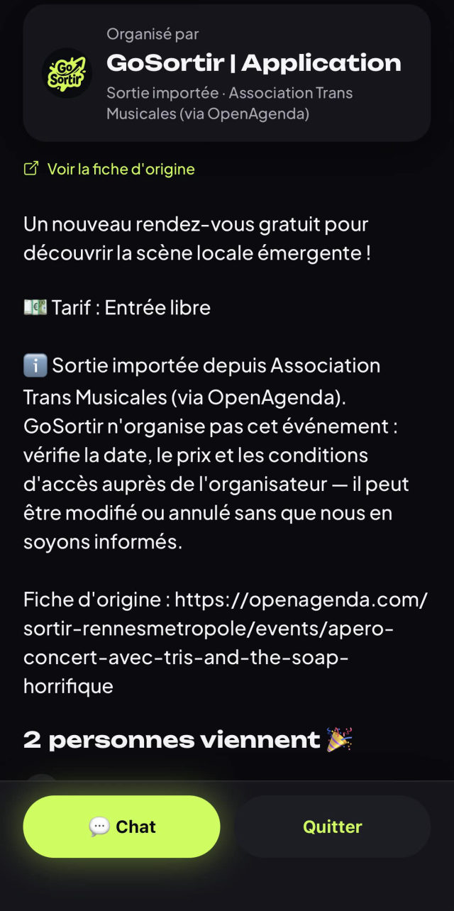 Inscription confirmée à une sortie dans l'app GoSortir