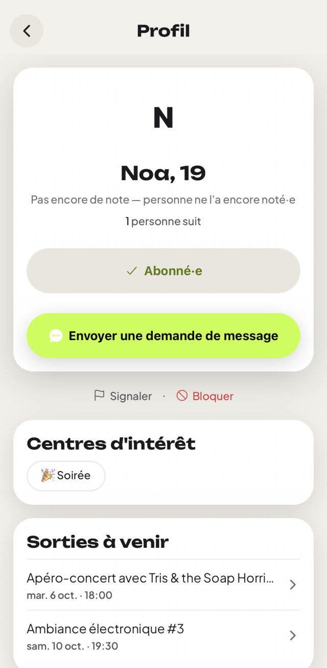 Profil d'un membre dans l'app GoSortir