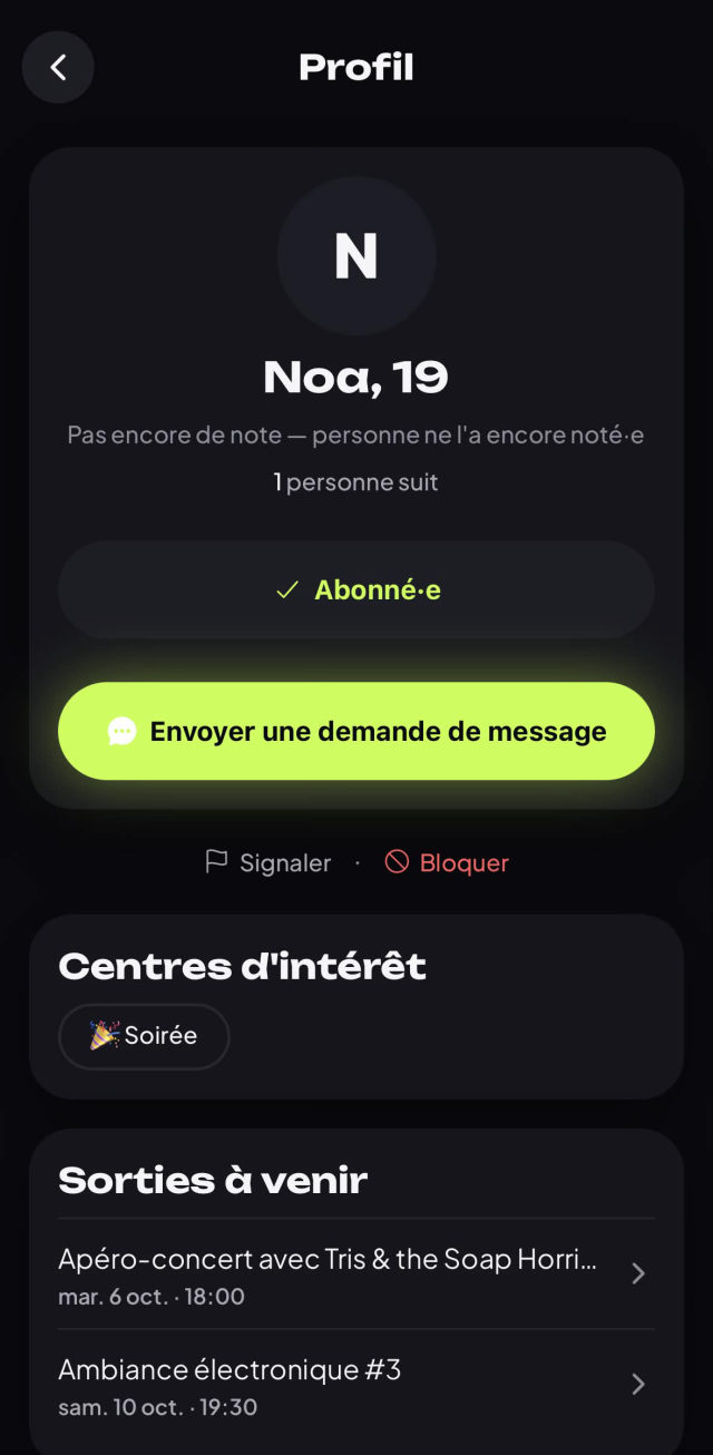 Profil d'un membre dans l'app GoSortir