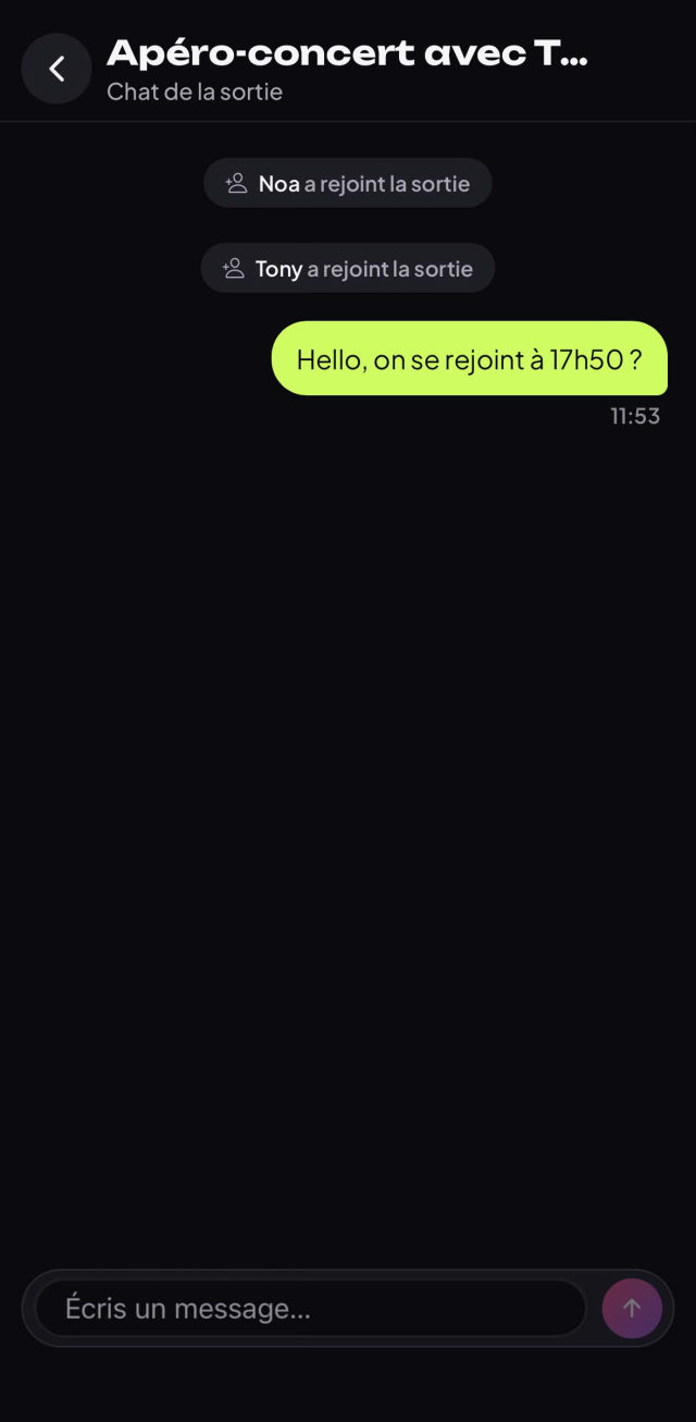 Discussion de groupe d'une sortie dans l'app GoSortir