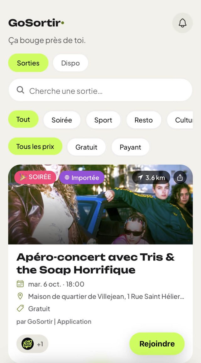 Écran Découvrir de l'app GoSortir